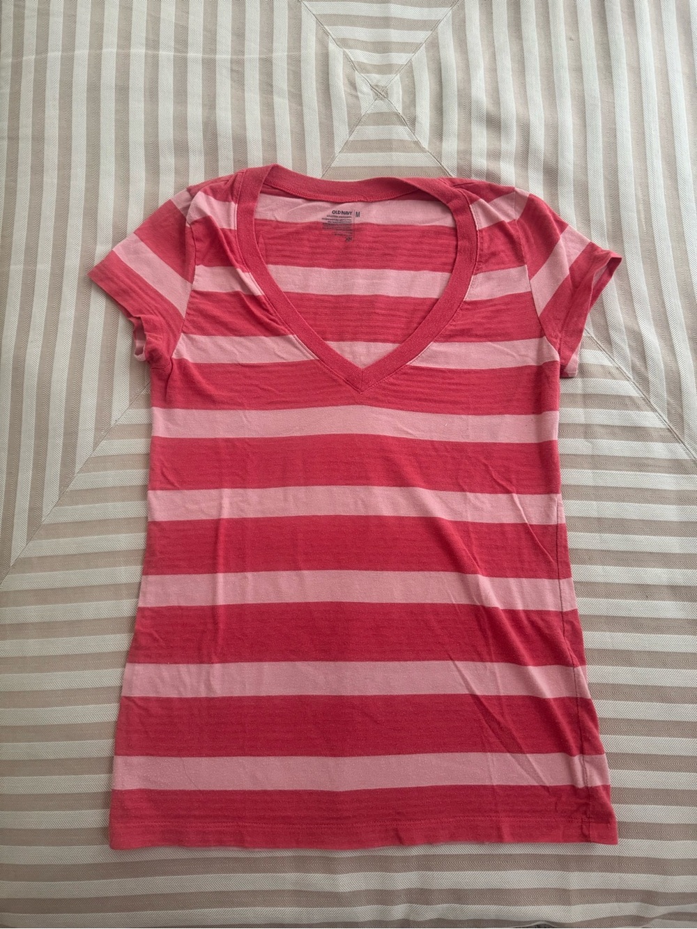 Old Navy Coral/ Salmon Striped V-Neck Tee